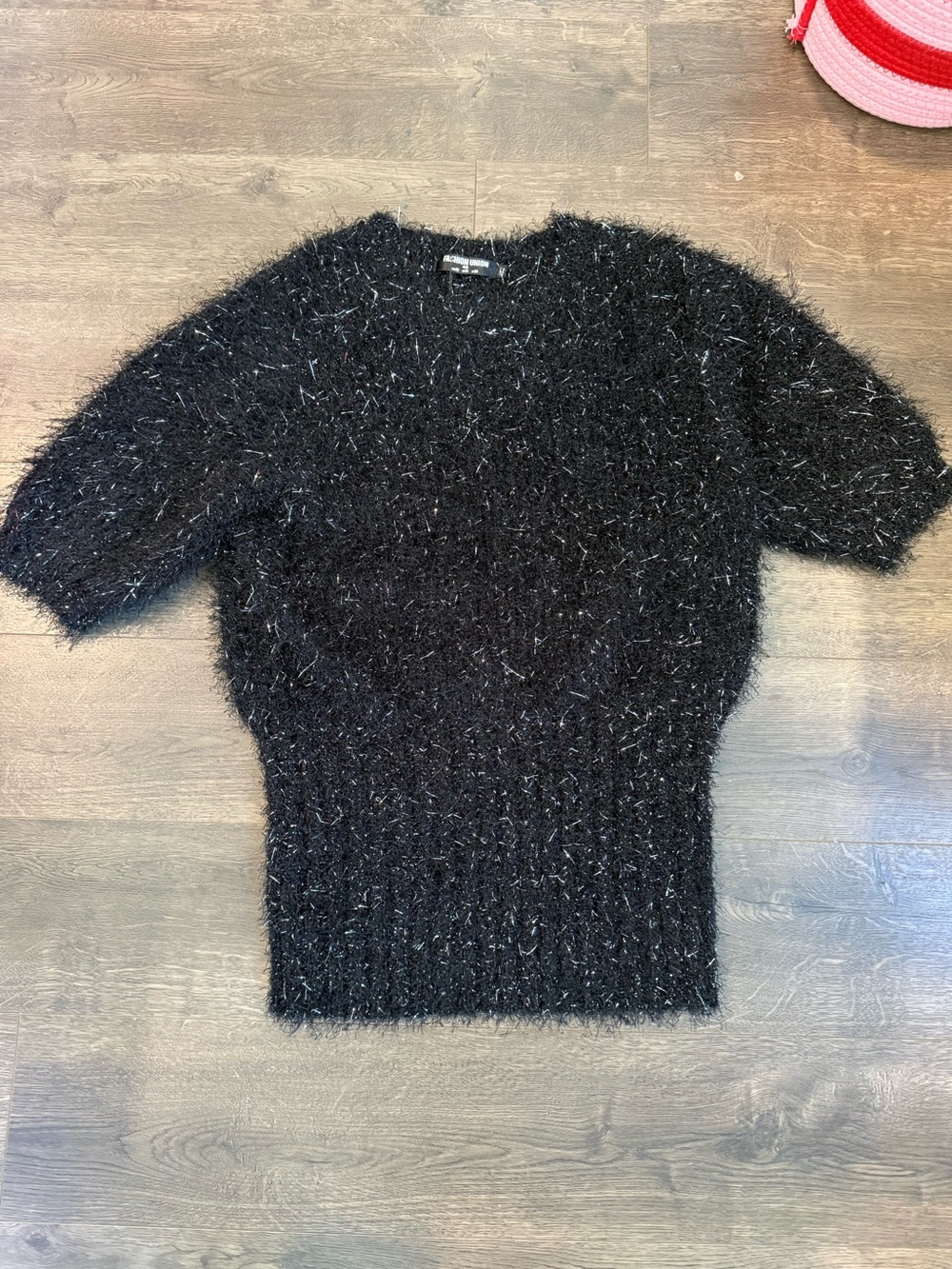 Fashion Union Black Metallic Fuzzy Short Sleeve Sweater